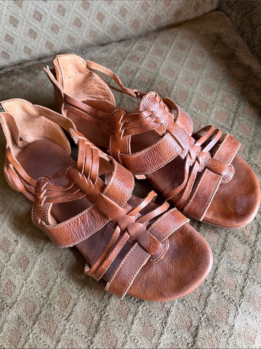 Bed Stu Cognac Brown Leather Braided Strappy Sandals